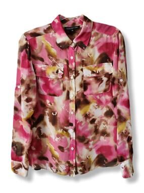 Jones New York Pink Floral Button Blouse 8 Career Colorful Artsy Office NEW